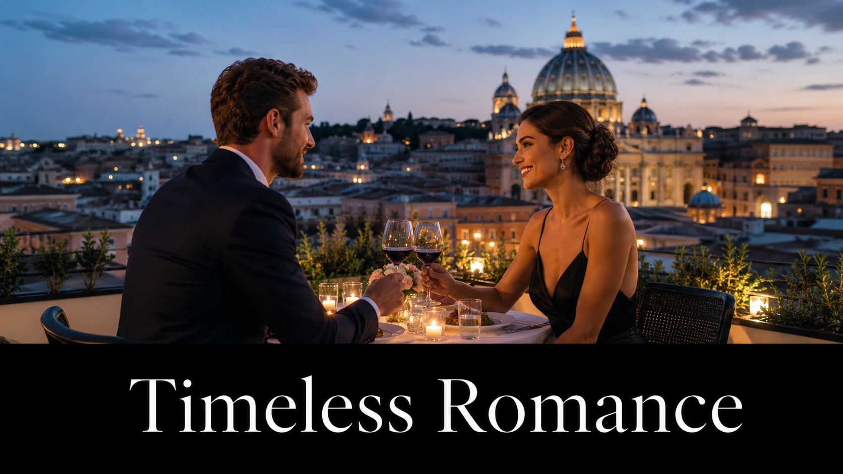 A romantic couple enjoying a candlelit dinner on a terrace overlooking the Vatican in Rome at sunset.