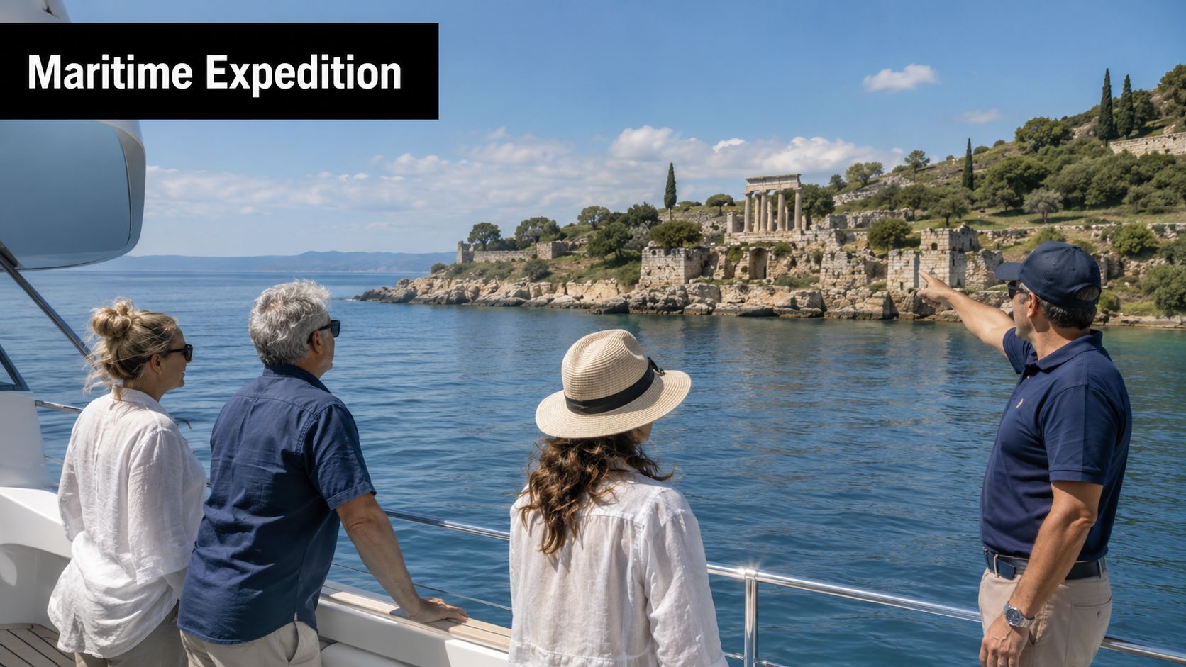 A group of people on a boat tour observing ancient ruins on a coastal hillside during an expedition.