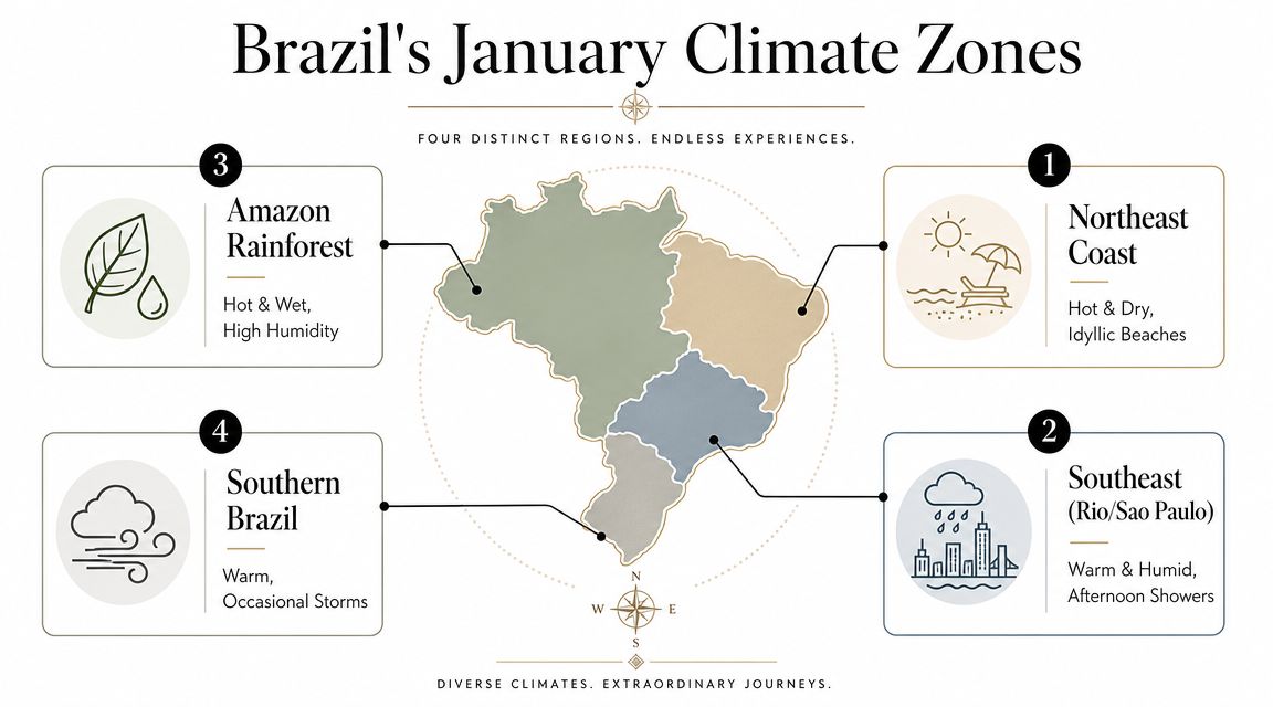 An infographic map showing four distinct climate zones in Brazil during the month of January.