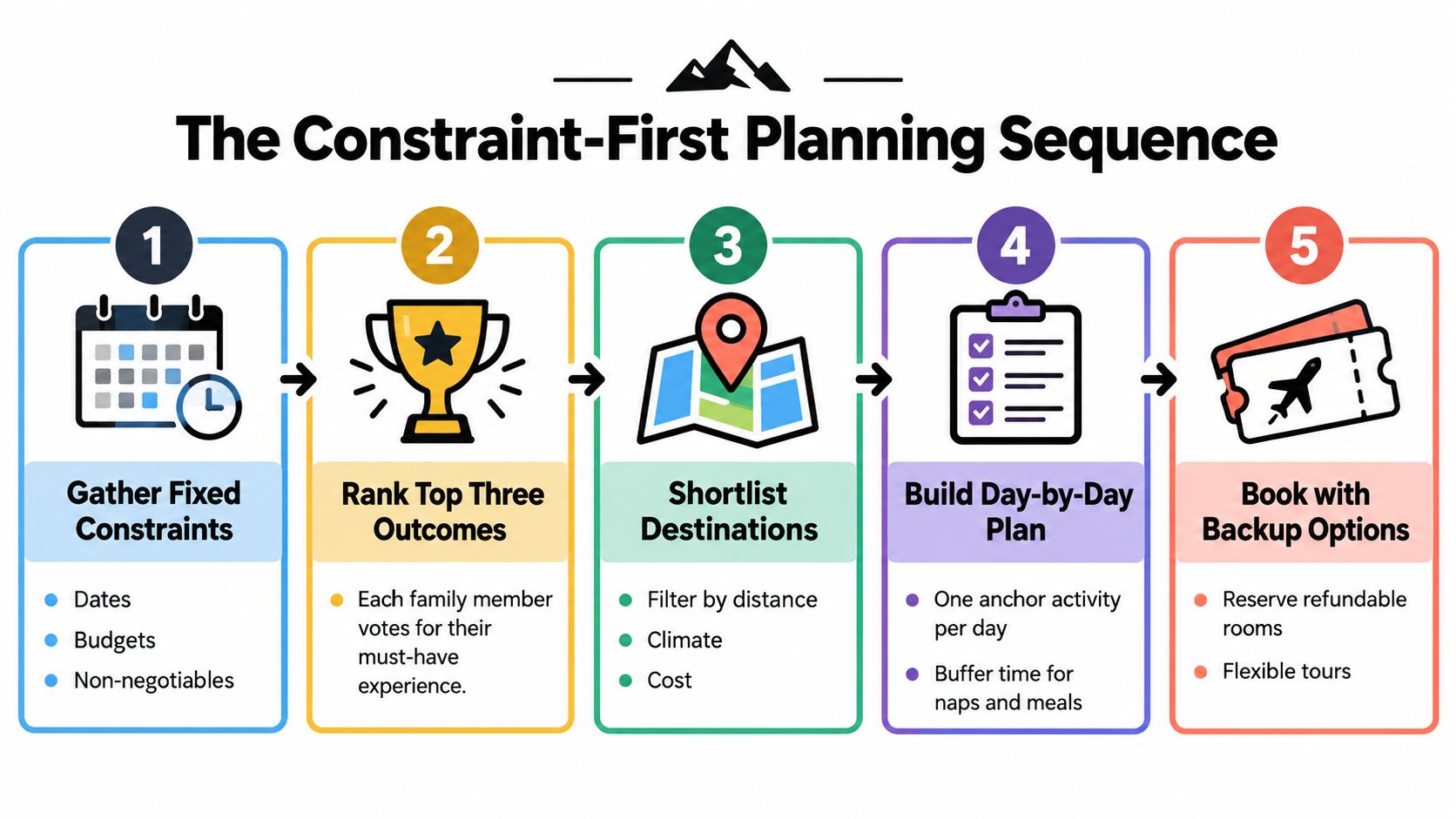 A flowchart titled The Constraint-First Planning Sequence outlining five steps for organized family vacation planning.