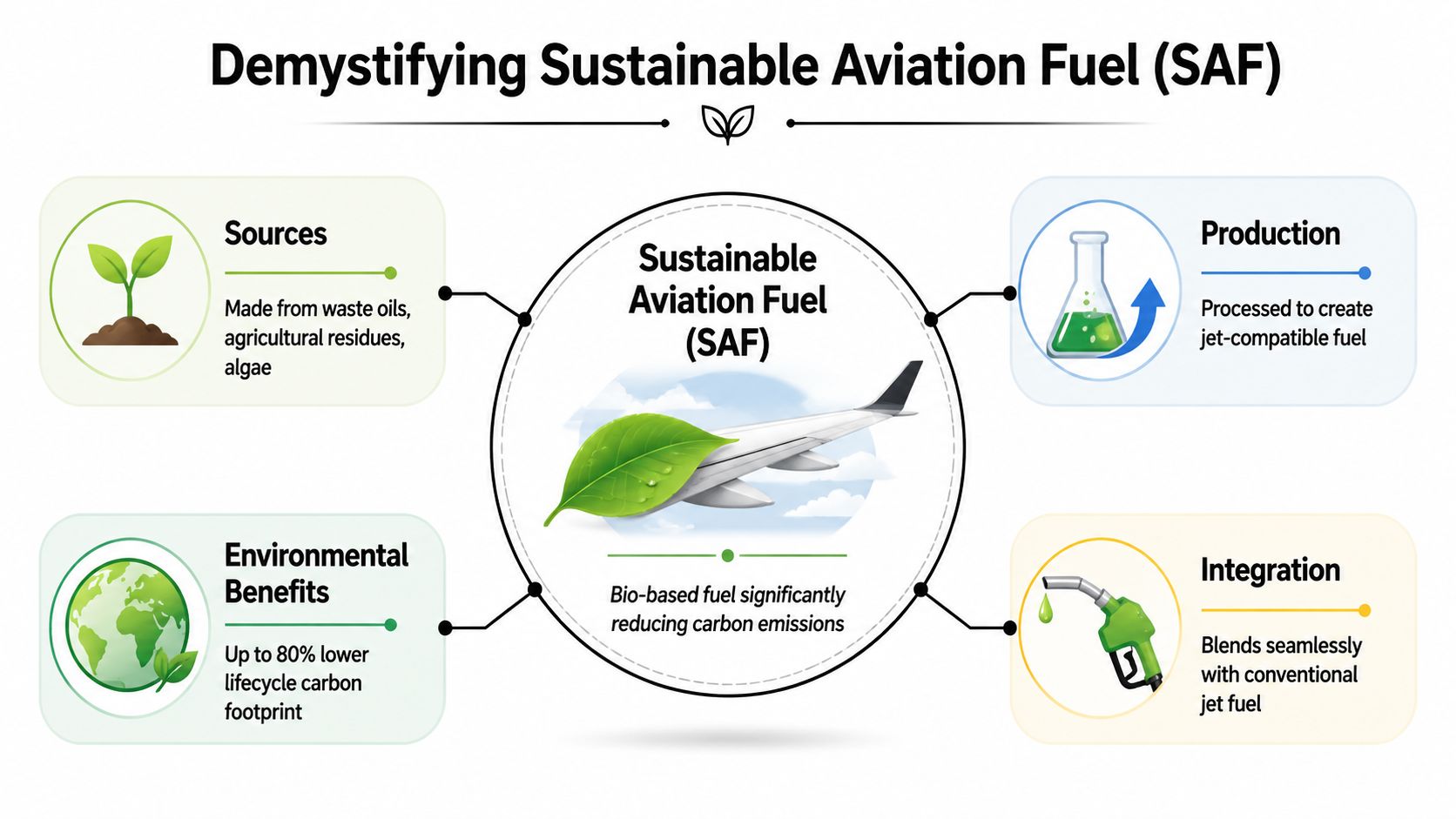 An infographic titled Demystifying Sustainable Aviation Fuel explaining its sources, production, environmental benefits, and integration into flights.