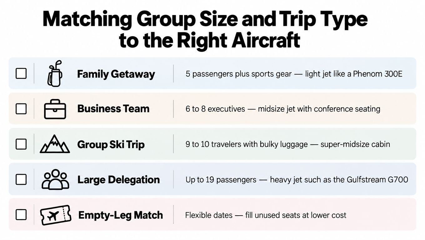 A chart matching various group sizes and travel types to the most suitable private jet category.