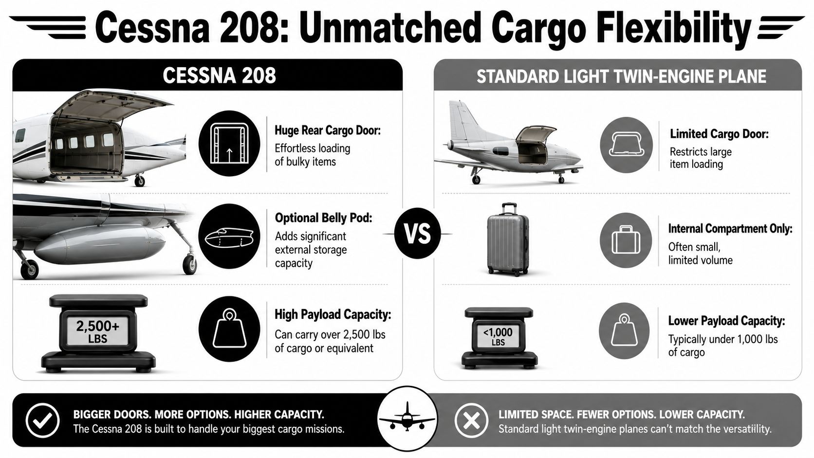 A comparison chart showing the Cessna 208 cargo flexibility versus a standard light twin-engine plane.
