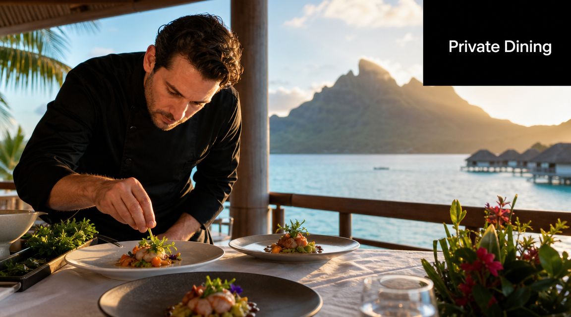 A professional chef plating an elegant gourmet meal on a balcony overlooking the Bora Bora lagoon.