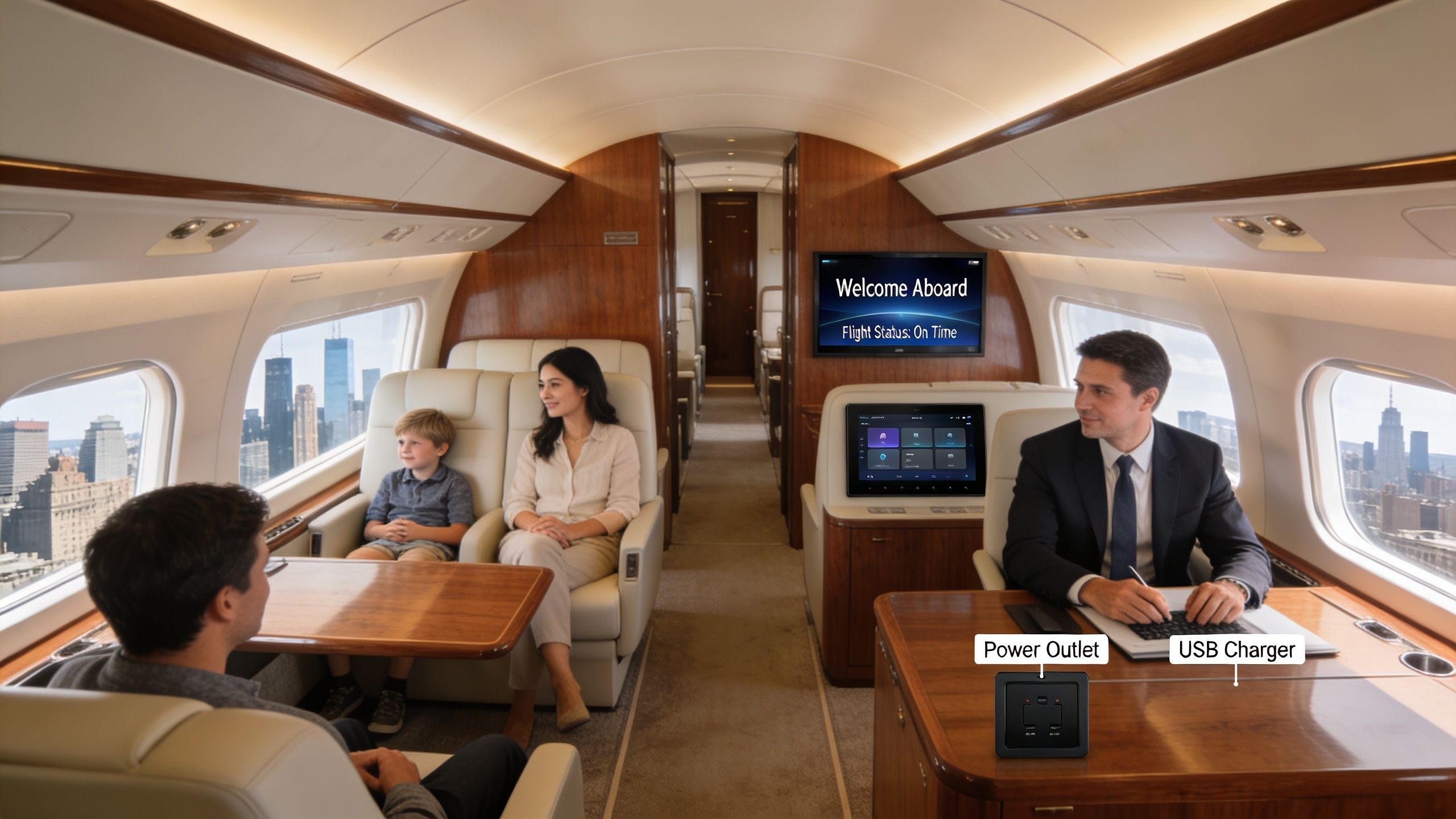 A family and a businessman sitting in the luxurious, modern cabin of a private business jet.