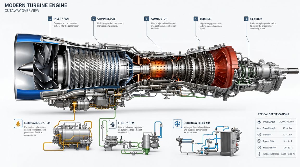 A detailed cutaway diagram illustrating the primary components and internal systems of a modern aircraft turbine engine.