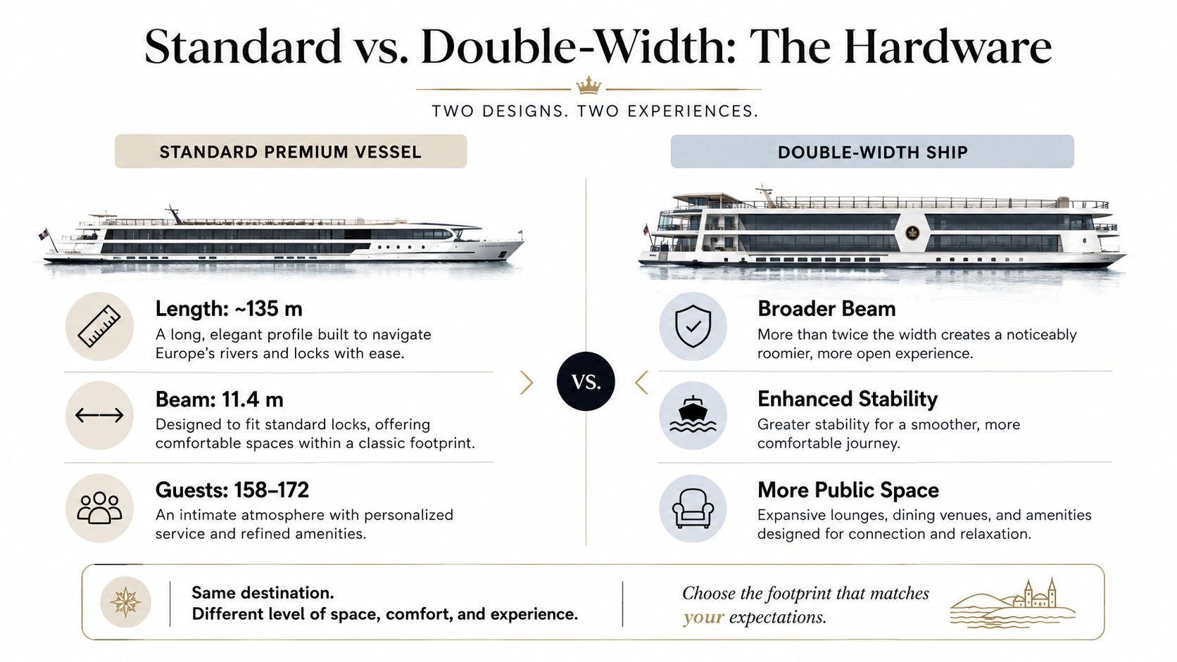 A comparison chart highlighting the differences between standard premium river vessels and double-width river cruise ships.