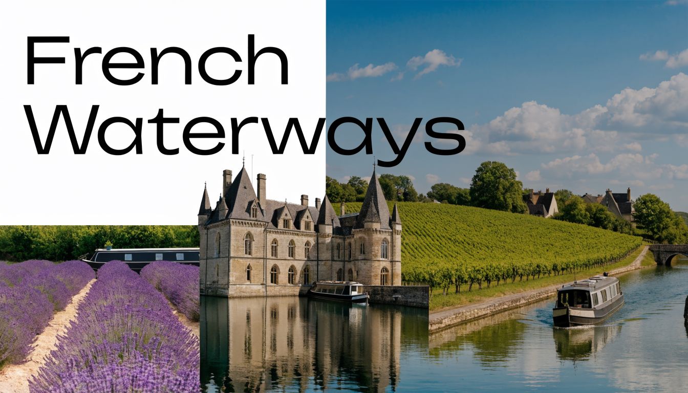 A collage featuring a French canal barge, a historic chateau, and lavender fields representing French Waterways travel.