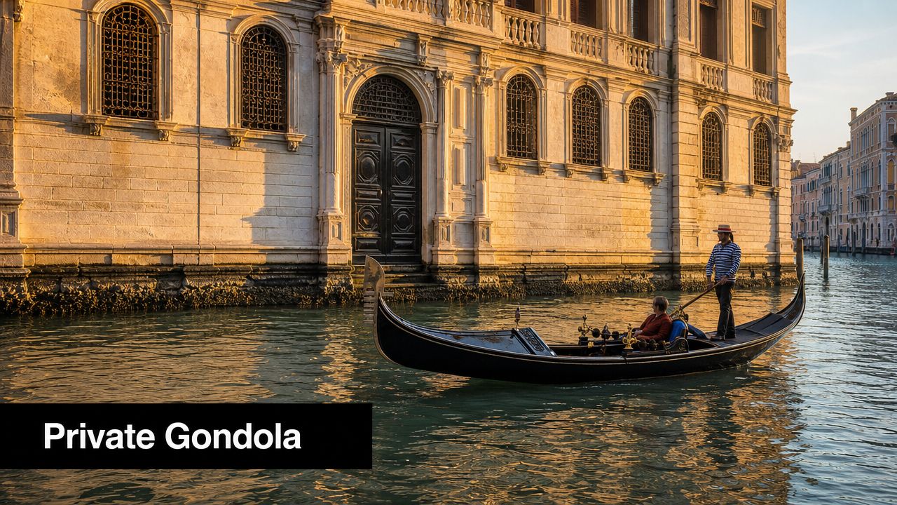 A gondolier rowing a tourist through the calm water of a scenic canal in Venice, Italy.