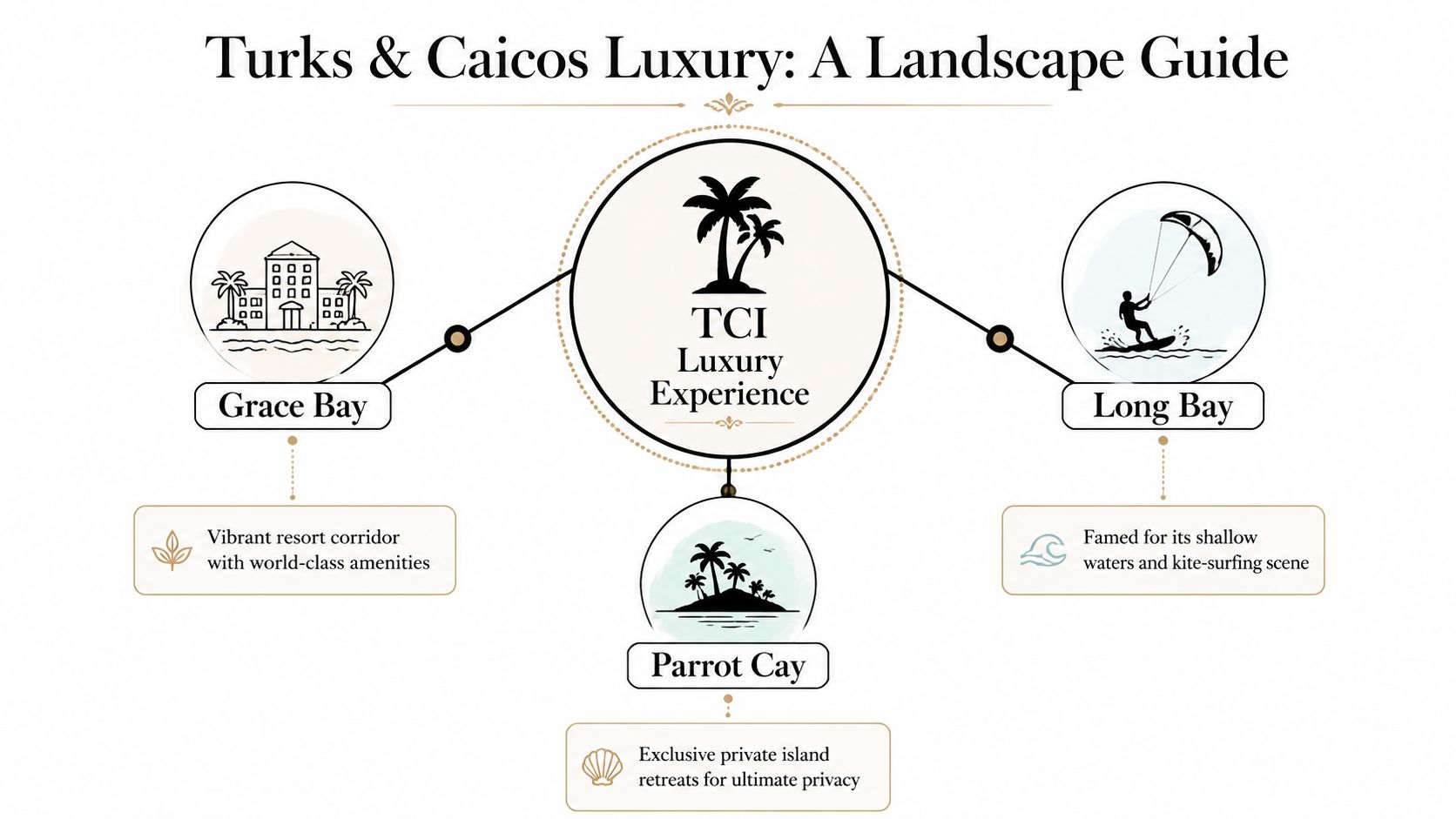 A map infographic detailing luxury travel destinations in Turks and Caicos, featuring Grace Bay, Long Bay, and Parrot Cay.