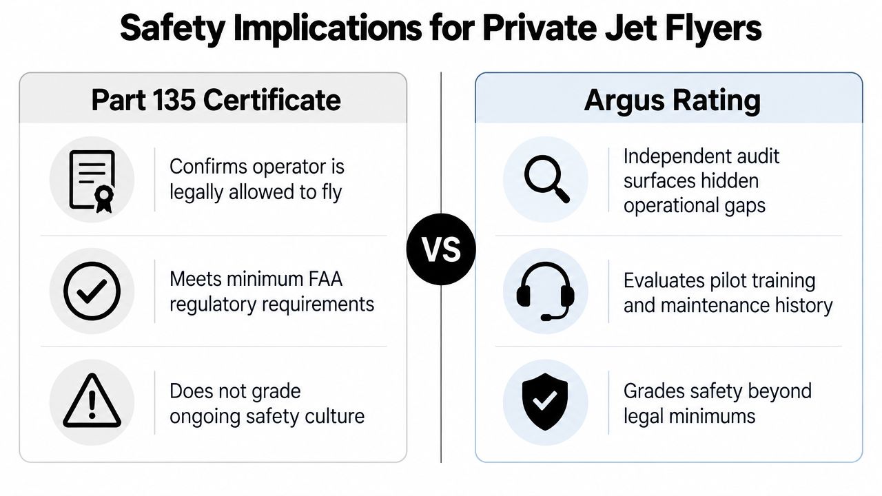 A comparison infographic between FAA Part 135 certificates and Argus safety ratings for private jet charter operations.
