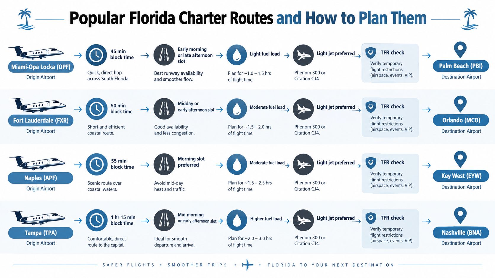 An infographic detailing popular private jet charter routes in Florida with flight planning advice and tips.