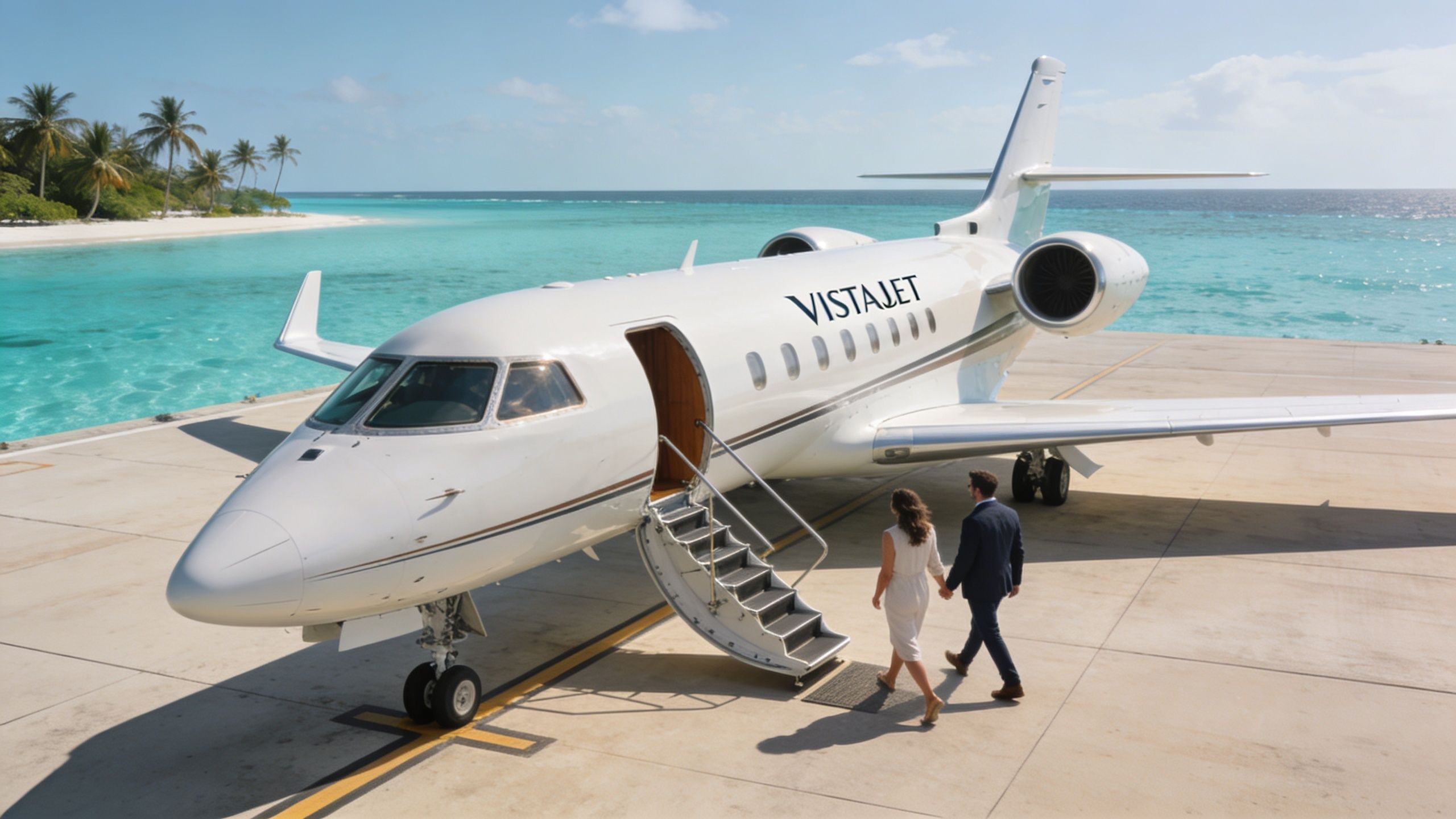 A couple walks toward a private VistaJet plane parked on a tarmac by a tropical beach.