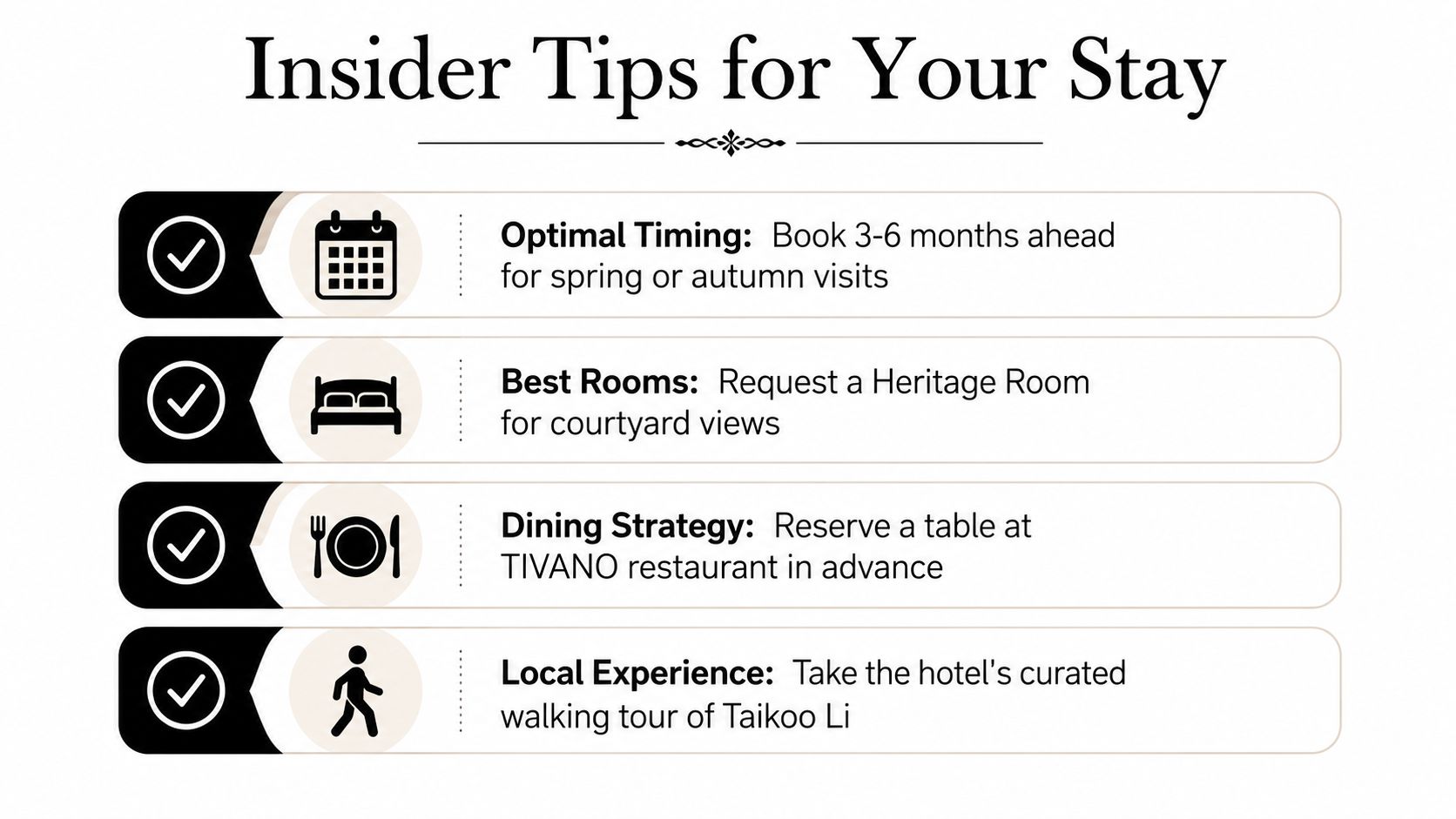 An infographic titled Insider Tips for Your Stay, detailing booking, room, dining, and local tour advice.