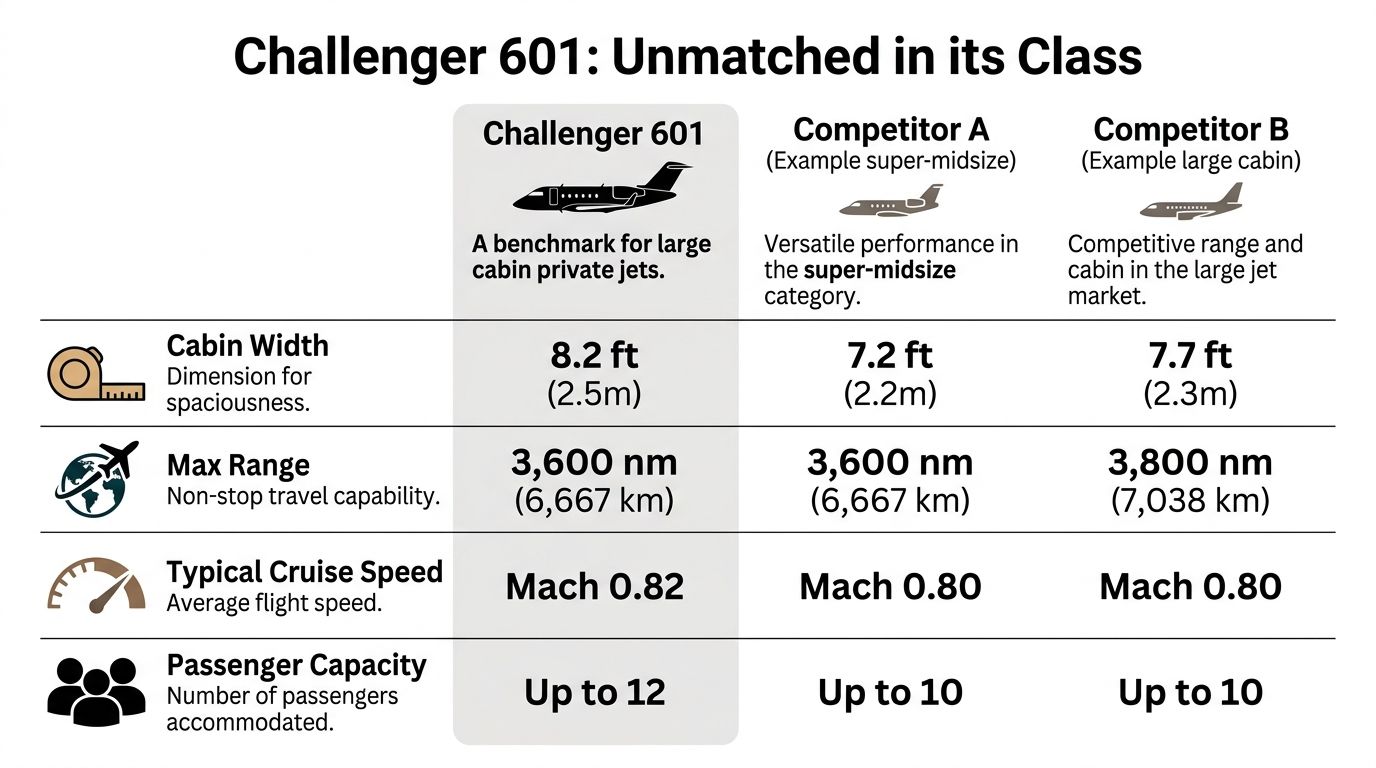 Infographic comparing the Bombardier Challenger 601 against competitor aircraft.