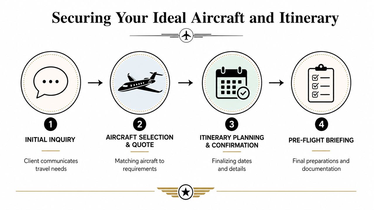 A four-step infographic illustrating the process of booking a private jet from initial inquiry to pre-flight briefing.