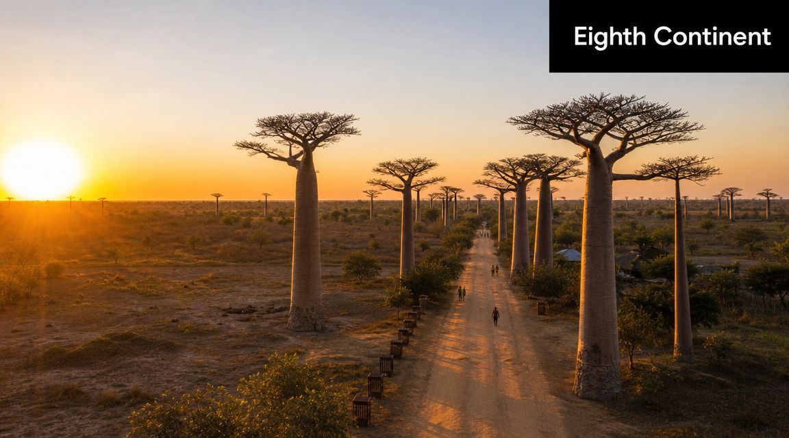 Sunset light illuminating the iconic Baobab Avenue lined with massive baobab trees in Madagascar.