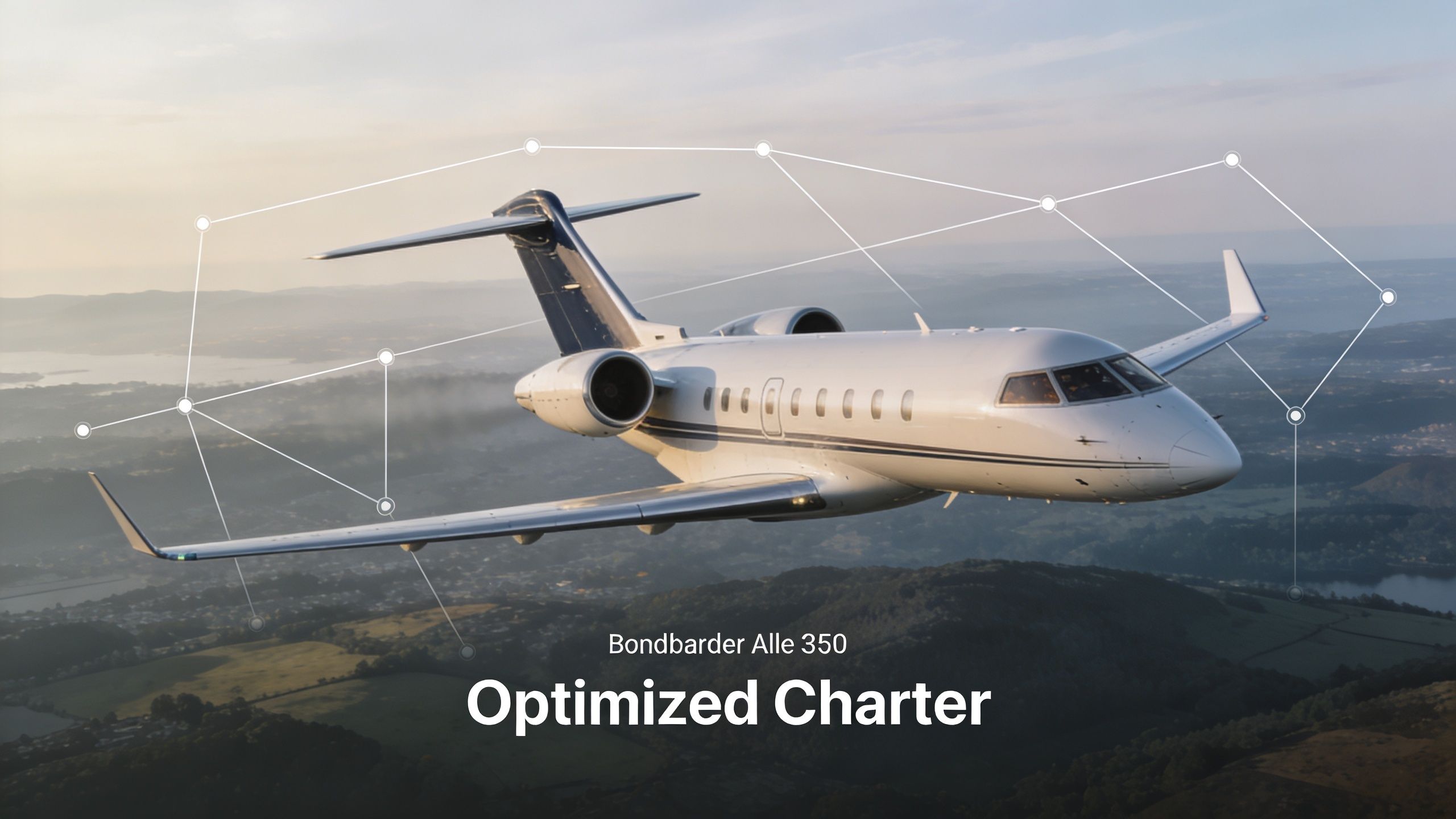 A luxurious private jet flying over a mountainous landscape at sunset with digital network connectivity lines overlaid.