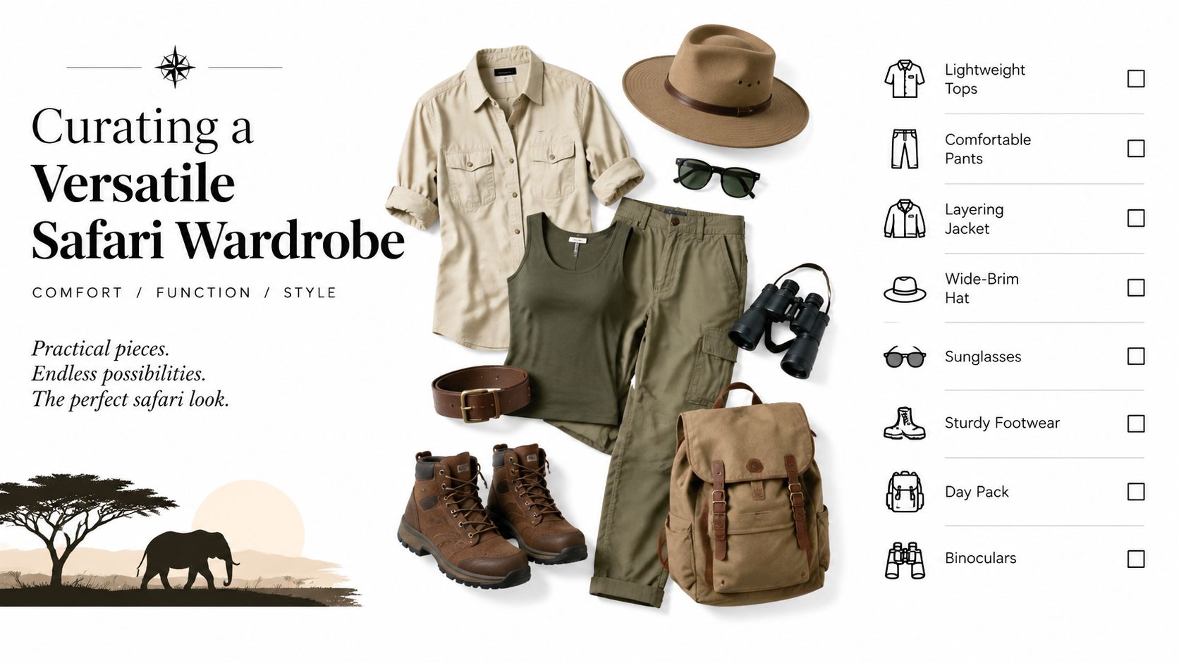 A flatlay of safari wardrobe essentials including clothing, boots, a backpack, hat, sunglasses, and binoculars.
