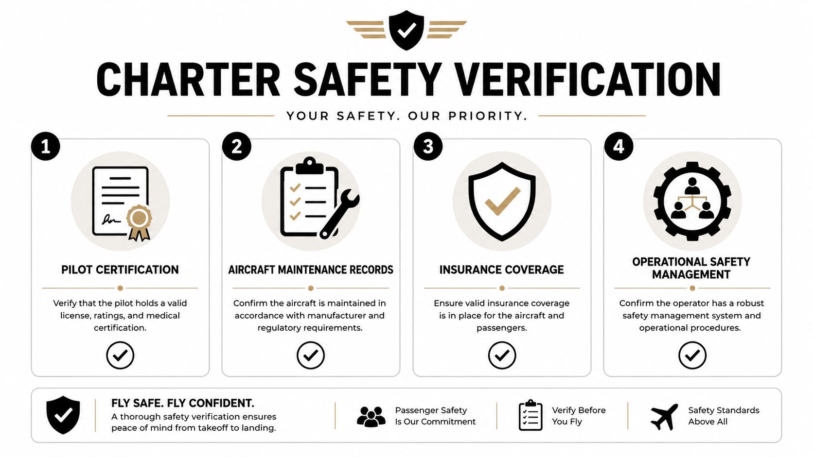 An infographic detailing the four essential steps of charter safety verification for private aviation travel.