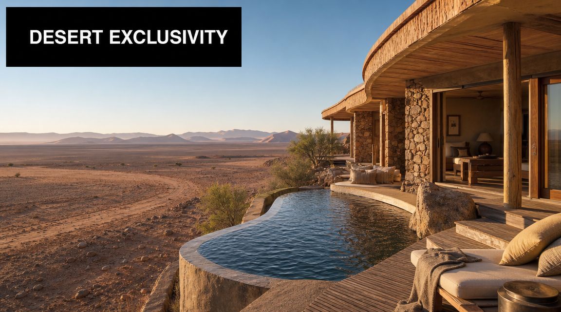 A luxurious desert lodge featuring a private infinity pool overlooking the vast Namib sand dunes at sunset.