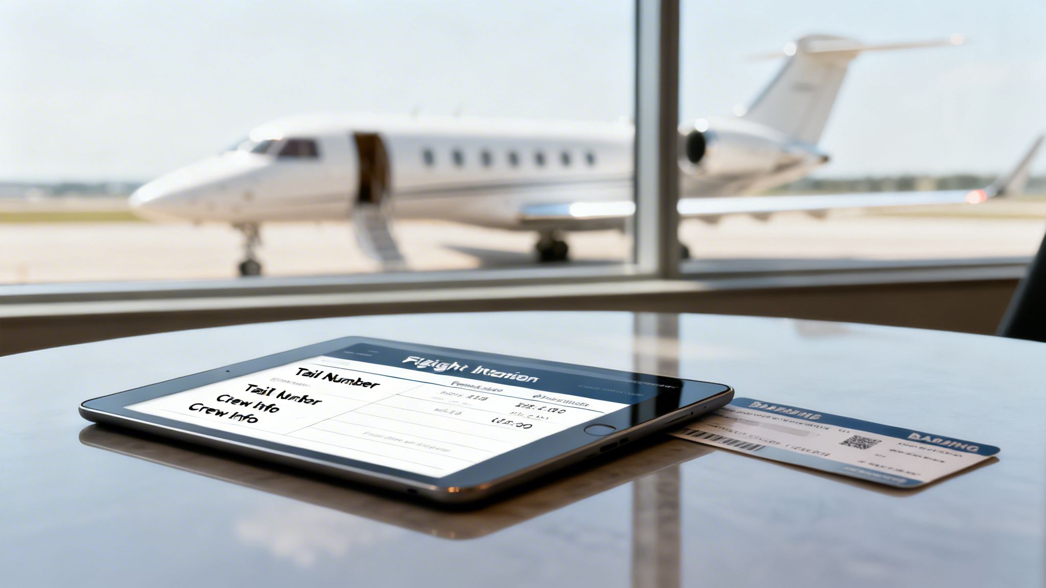 Tablet displaying flight information and a boarding pass on a table, with a private jet visible outside.