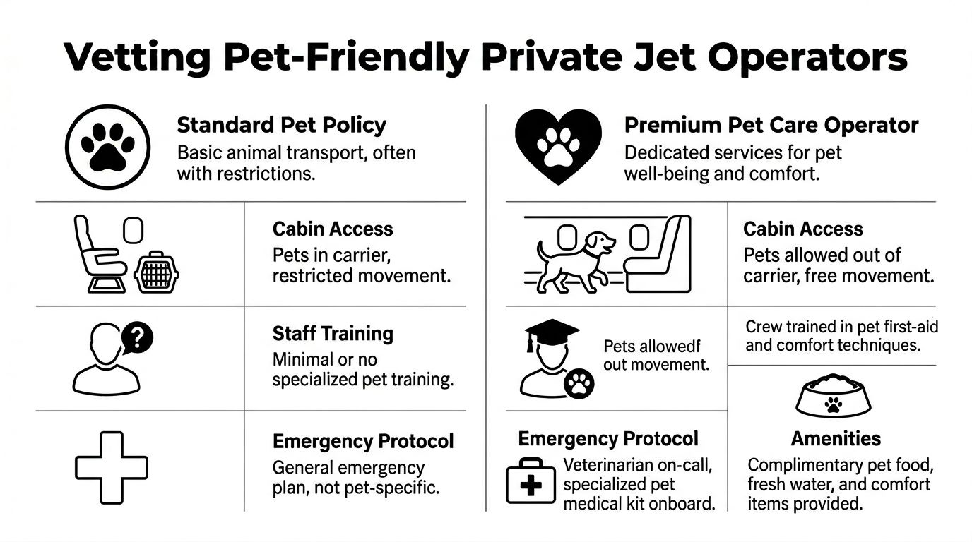 A comparison chart outlining differences between standard and premium pet-friendly private jet charter service operators.
