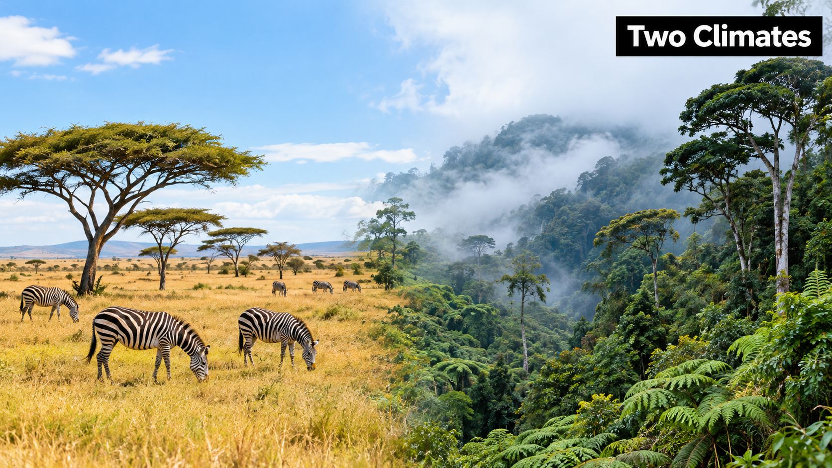 A scenic split-view landscape showing dry golden zebra grazing plains next to a lush misty rainforest.