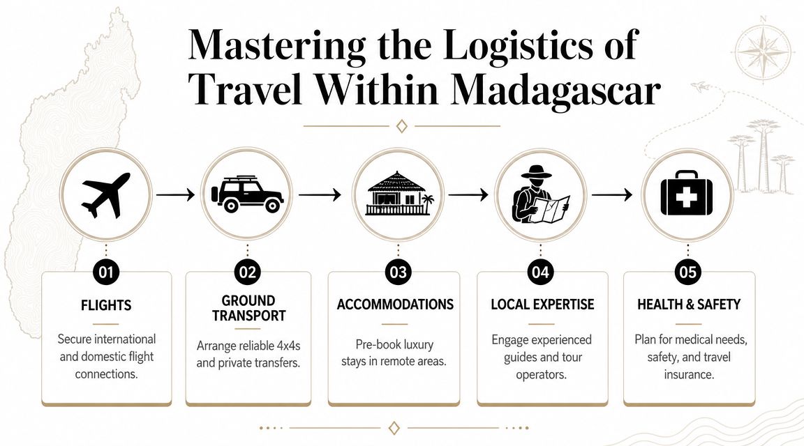 A travel infographic titled Mastering the Logistics of Travel Within Madagascar featuring five key planning steps.