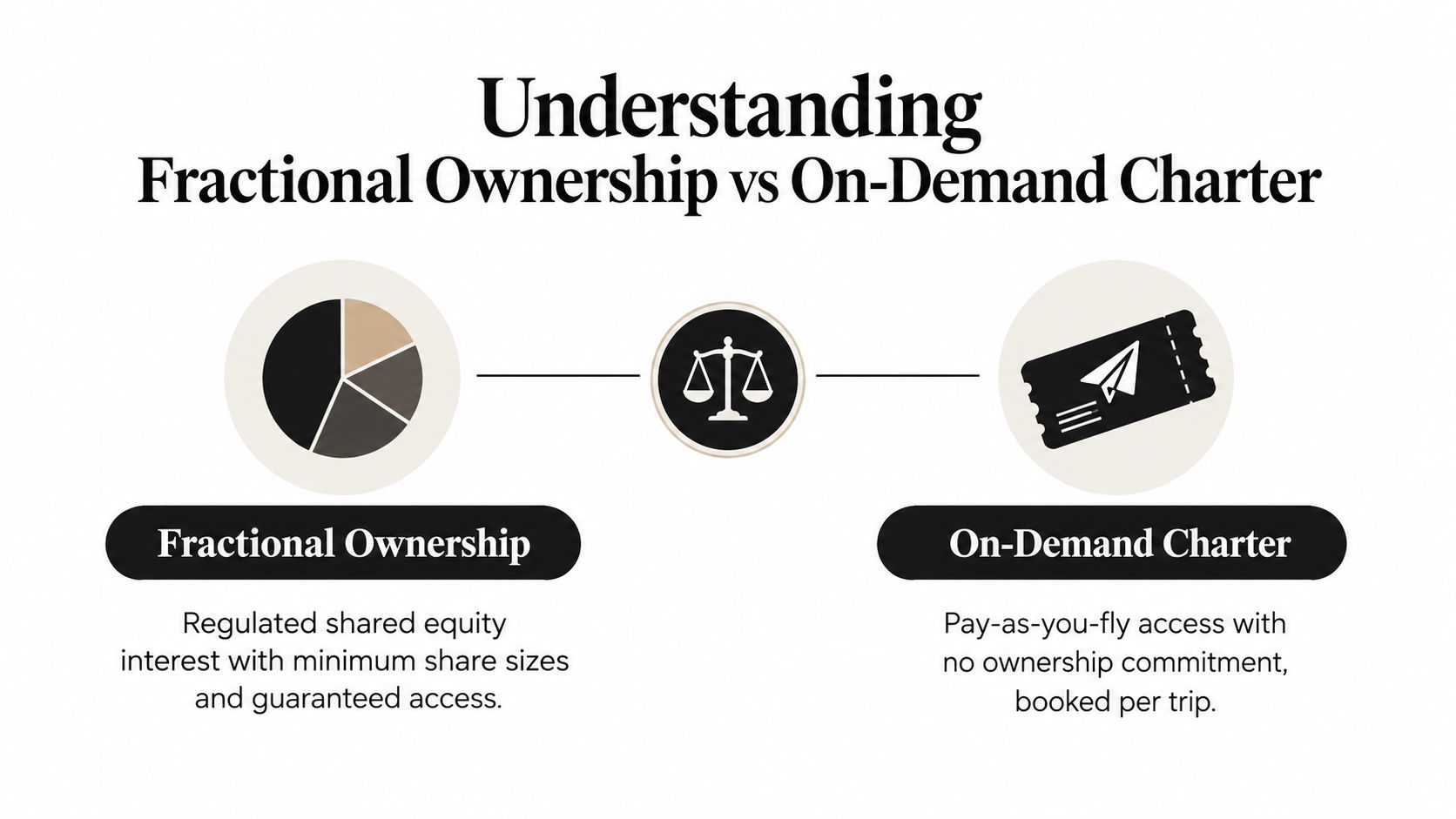 A comparison chart showing the differences between fractional aircraft ownership and on-demand private jet charter services.
