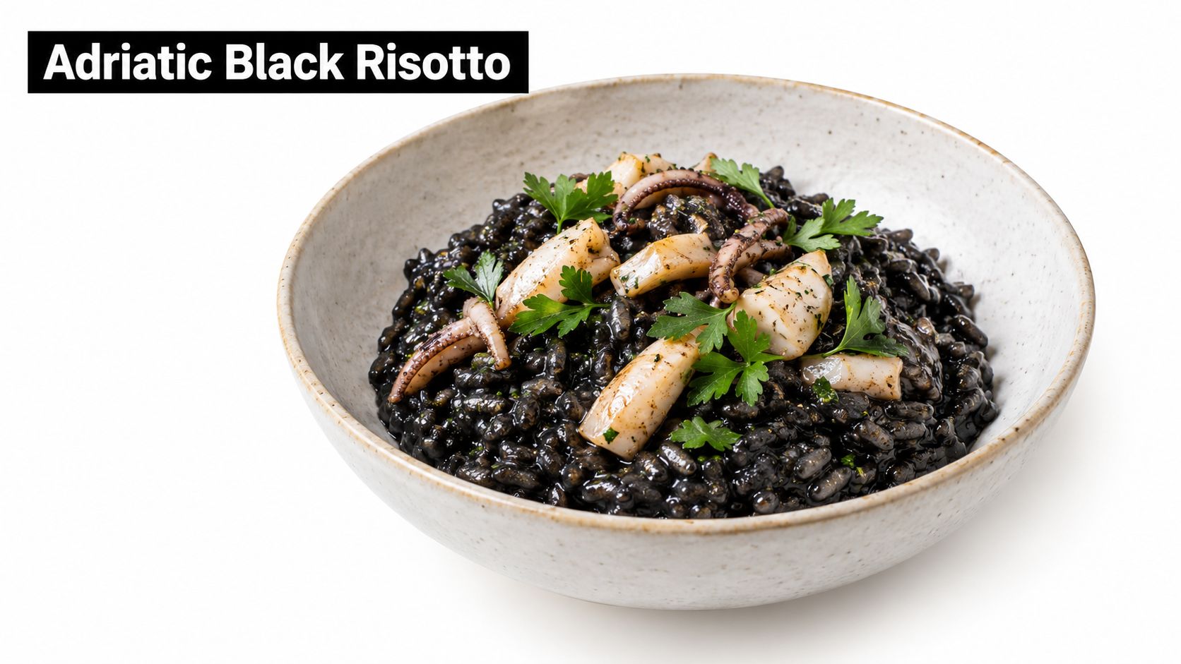 A ceramic bowl filled with Adriatic black risotto topped with fresh parsley and pieces of grilled squid.