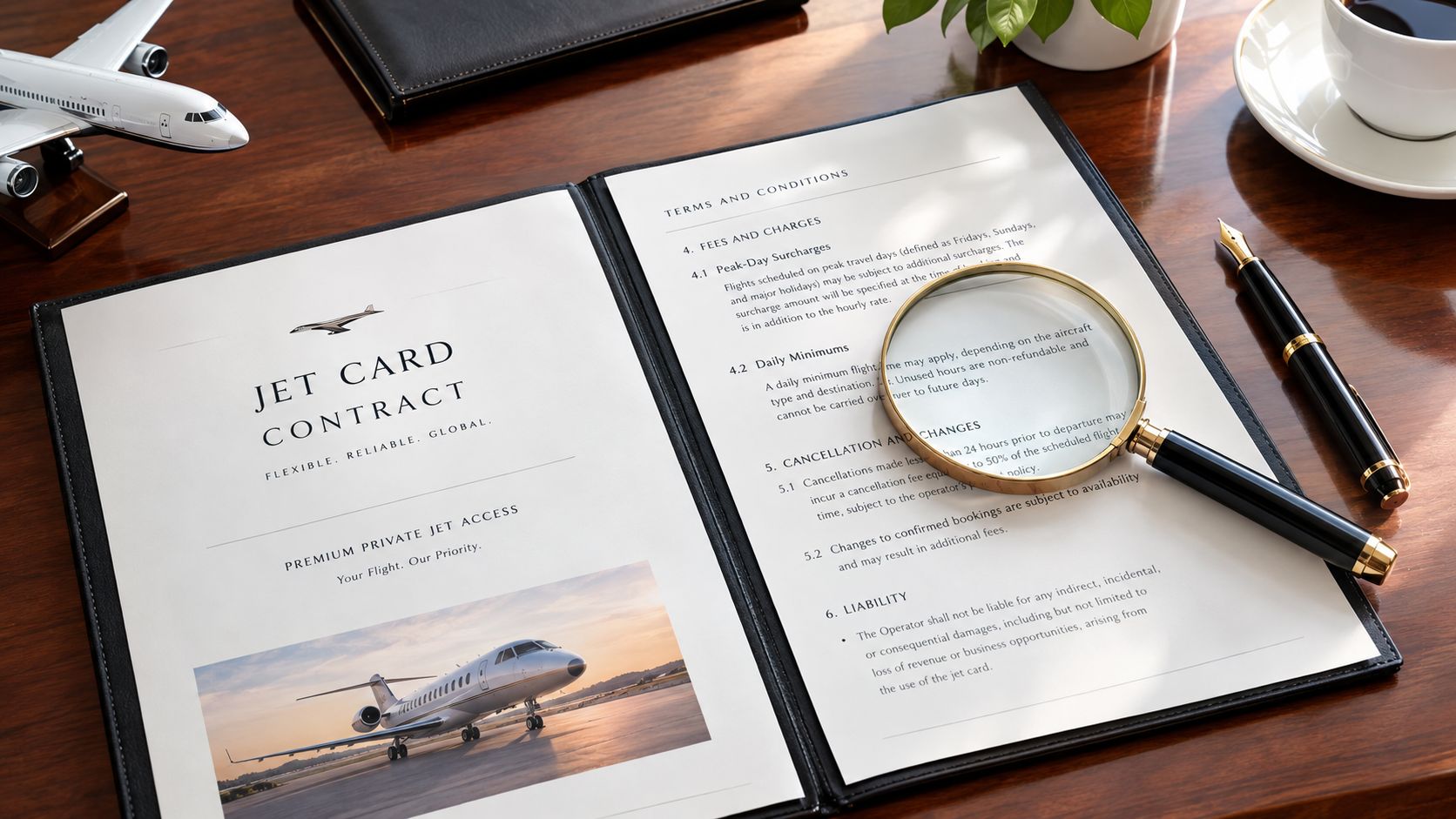 A professional jet card contract lies open on a wooden desk with a magnifying glass and pen.