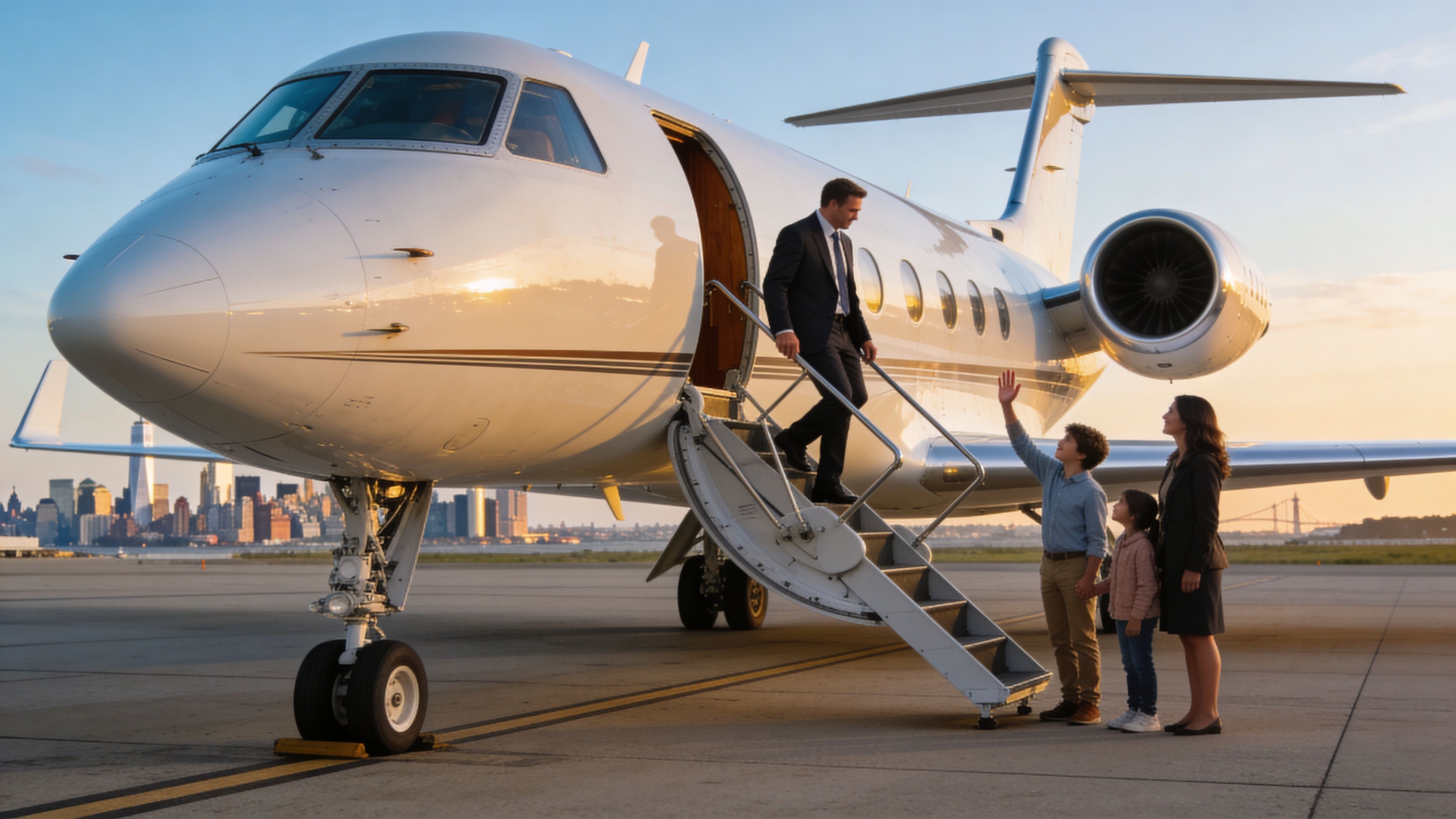A family greets a businessman descending from a private jet on a sunny airport tarmac at sunset.