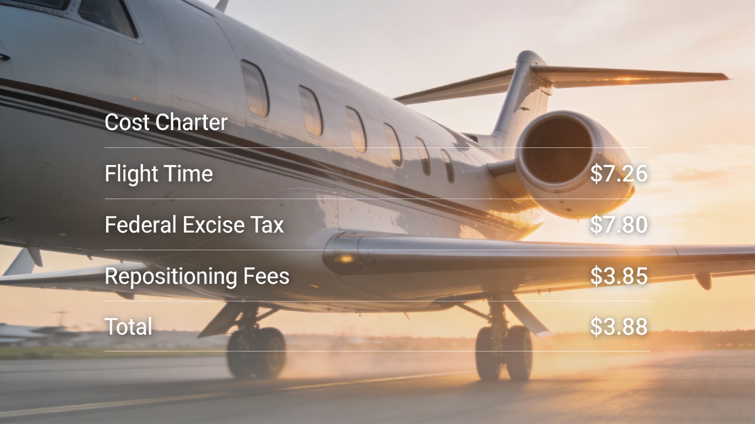 A luxurious private jet on a runway with a financial breakdown overlay of various flight costs.