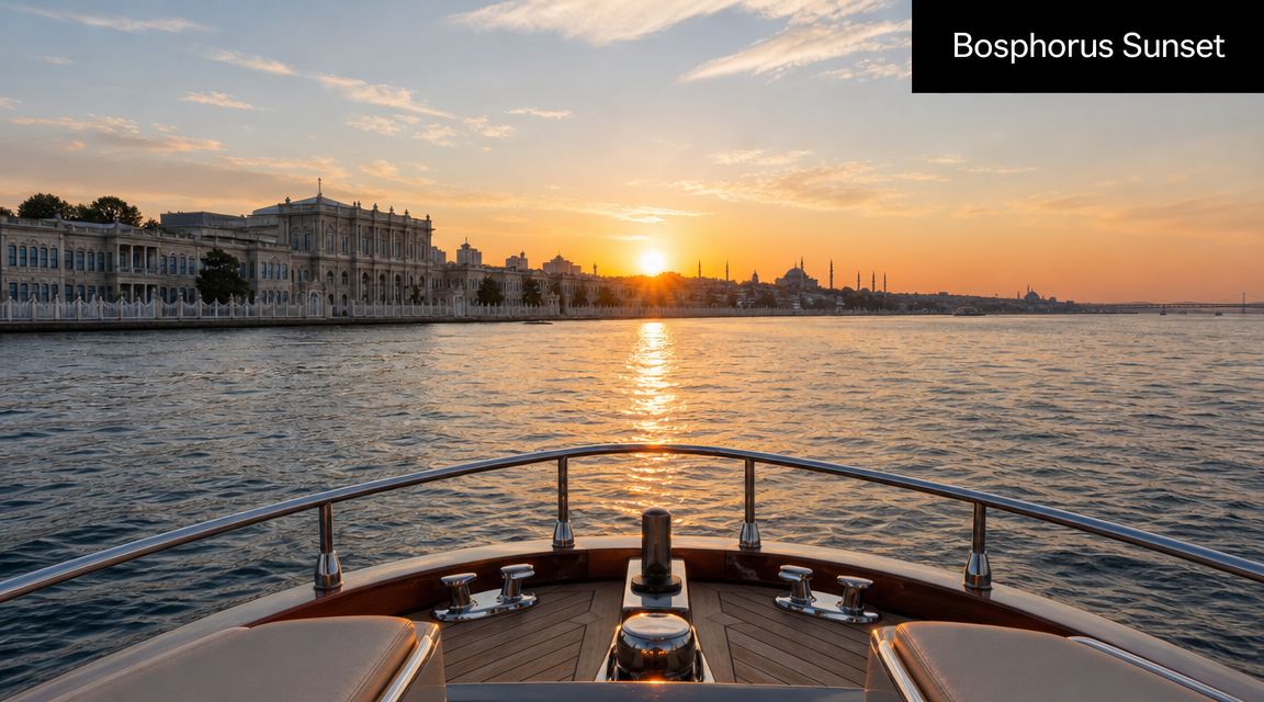 A luxurious boat sailing on the Bosphorus strait during a beautiful golden sunset in Istanbul, Turkey.