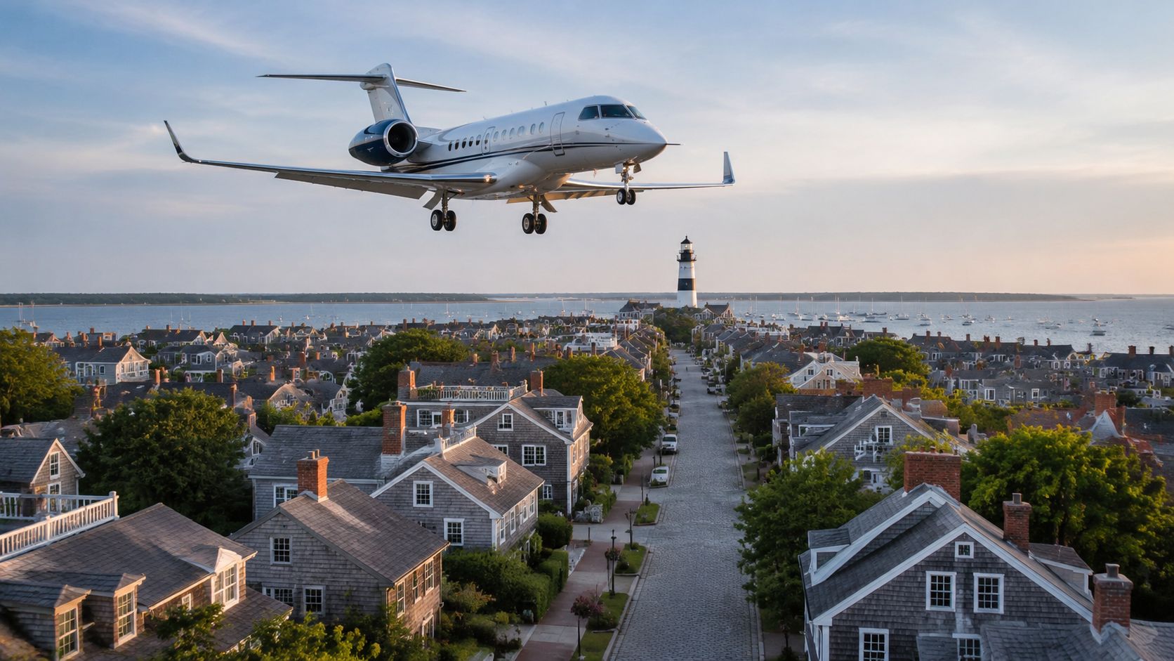 A private jet flying low over the scenic coastal town of Nantucket with a lighthouse visible.