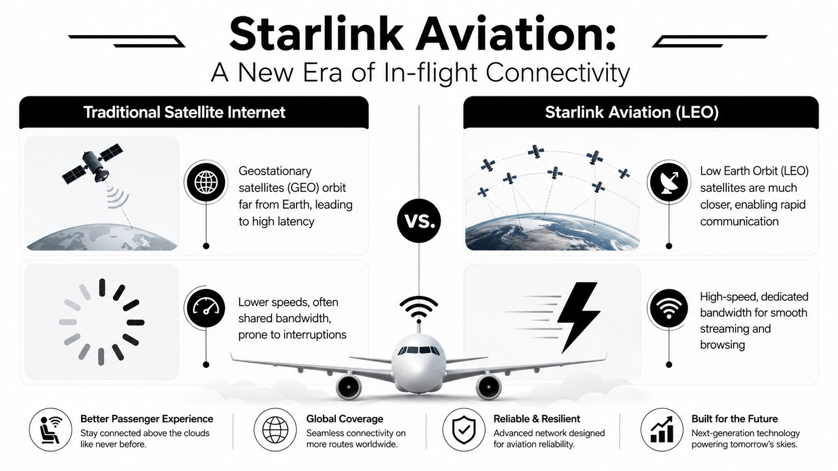 An infographic comparing traditional geostationary satellite internet to high-speed Starlink LEO aviation connectivity for aircraft passengers.
