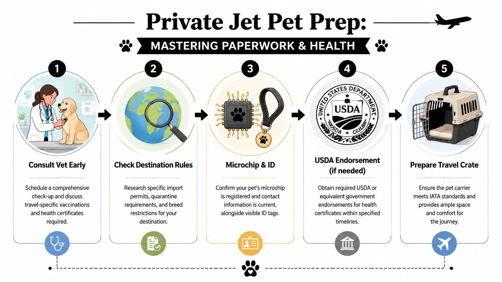 A five-step infographic showing how to prepare a pet for travel on a private jet.