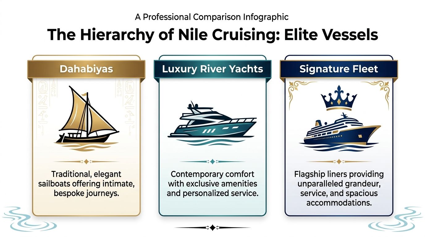 A professional infographic comparing three levels of elite Nile river cruising vessels: Dahabiyas, luxury yachts, and liners.