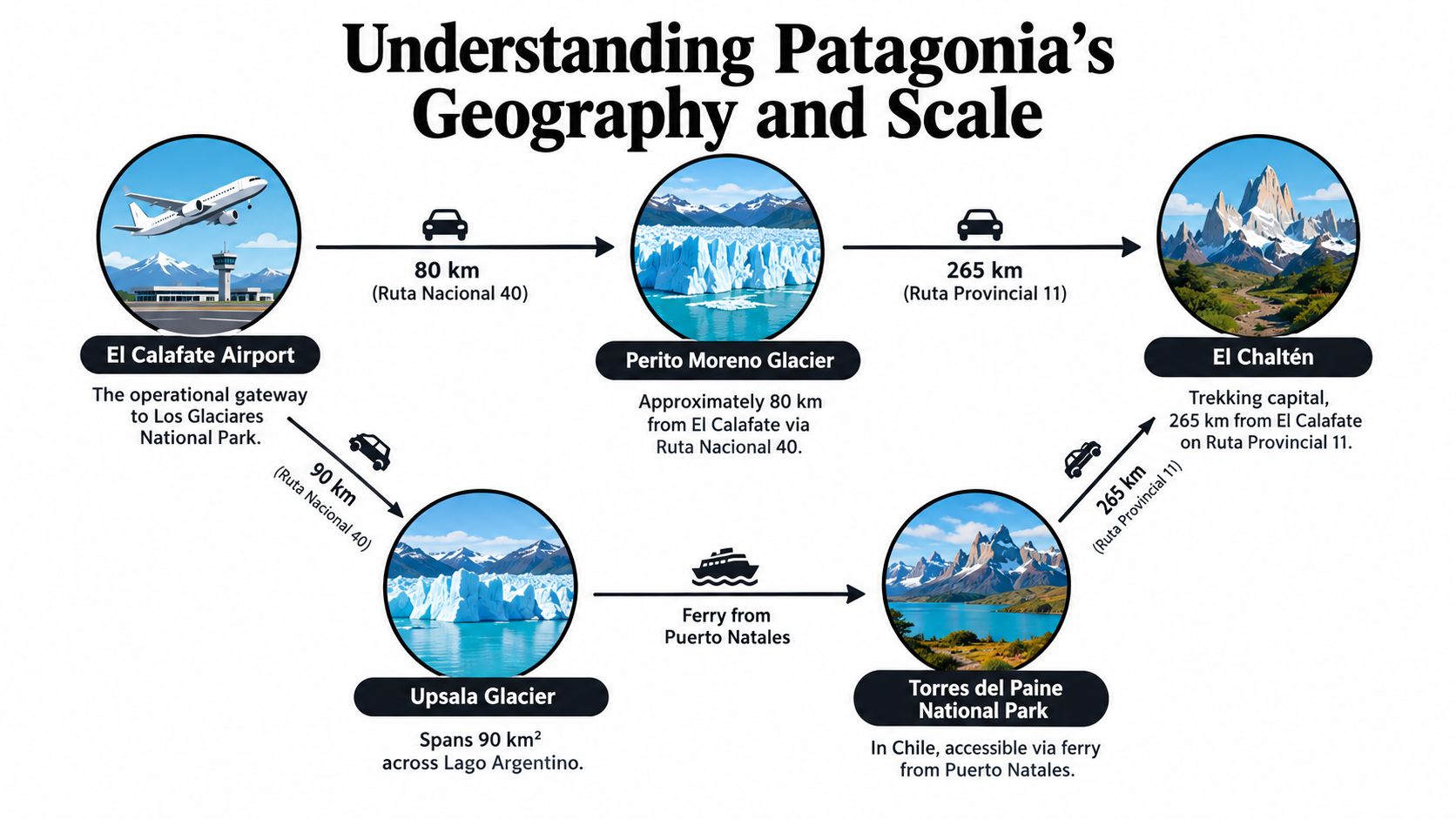 A map infographic detailing distances between key tourist landmarks in Patagonia, Argentina, and Chile.