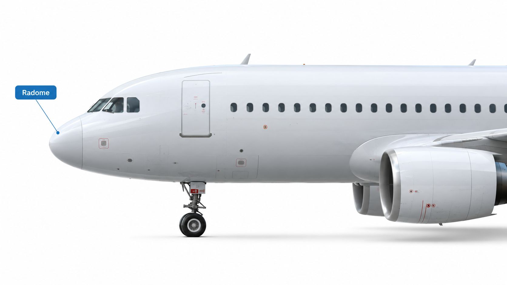 A close-up view of an aircraft nose cone, labeled as a radome, showing the cockpit and fuselage.