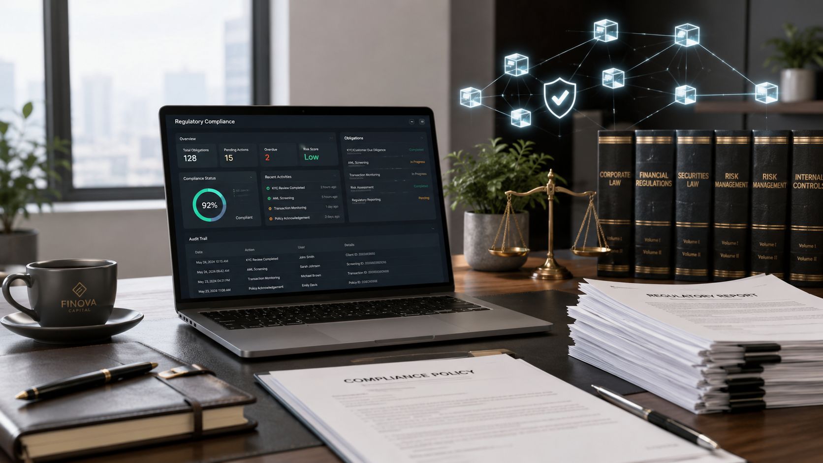 A professional desk featuring a laptop displaying a regulatory compliance dashboard, documents, and legal books.