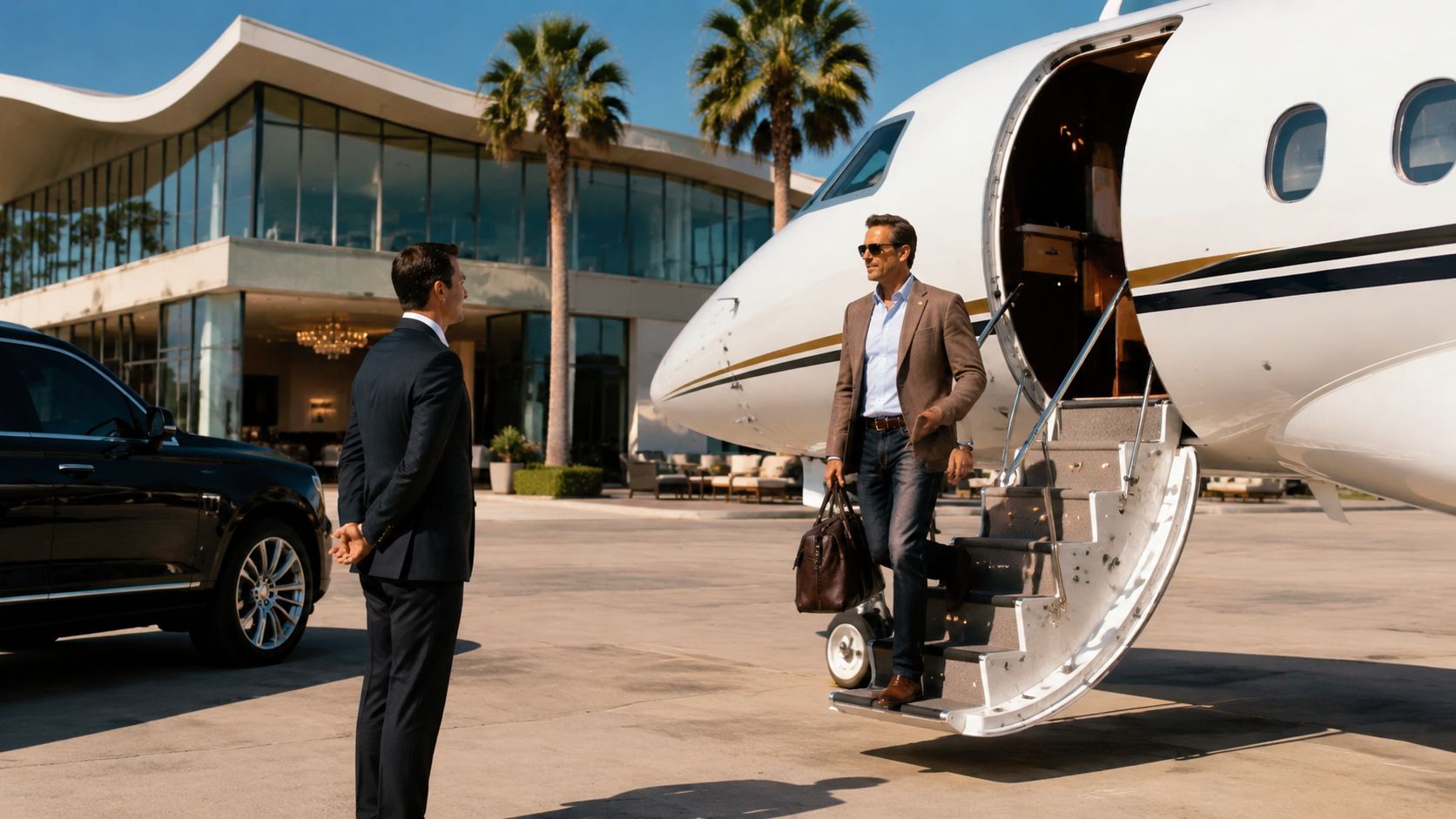 A businessman exits a private jet while a chauffeur waits beside a luxury car on the tarmac.