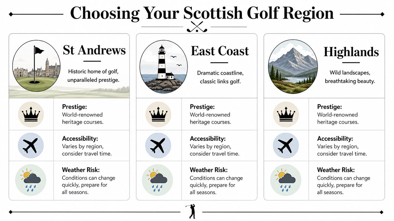 An infographic comparing three Scottish golf regions: St Andrews, East Coast, and the Highlands for travel planning.