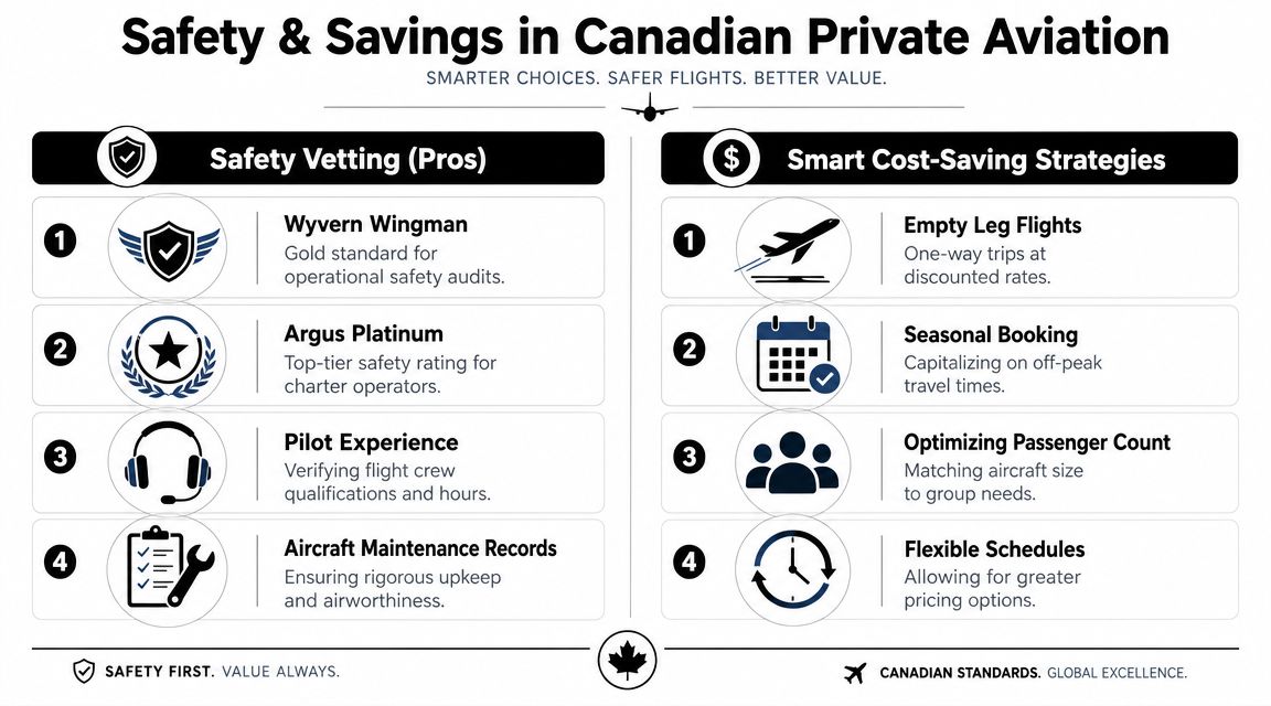 An infographic titled Safety and Savings in Canadian Private Aviation detailing safety vetting and cost-saving strategies.