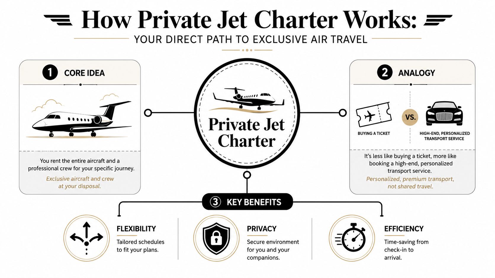 An infographic explaining how private jet charter works, covering core concepts, analogies, and key benefits like privacy.