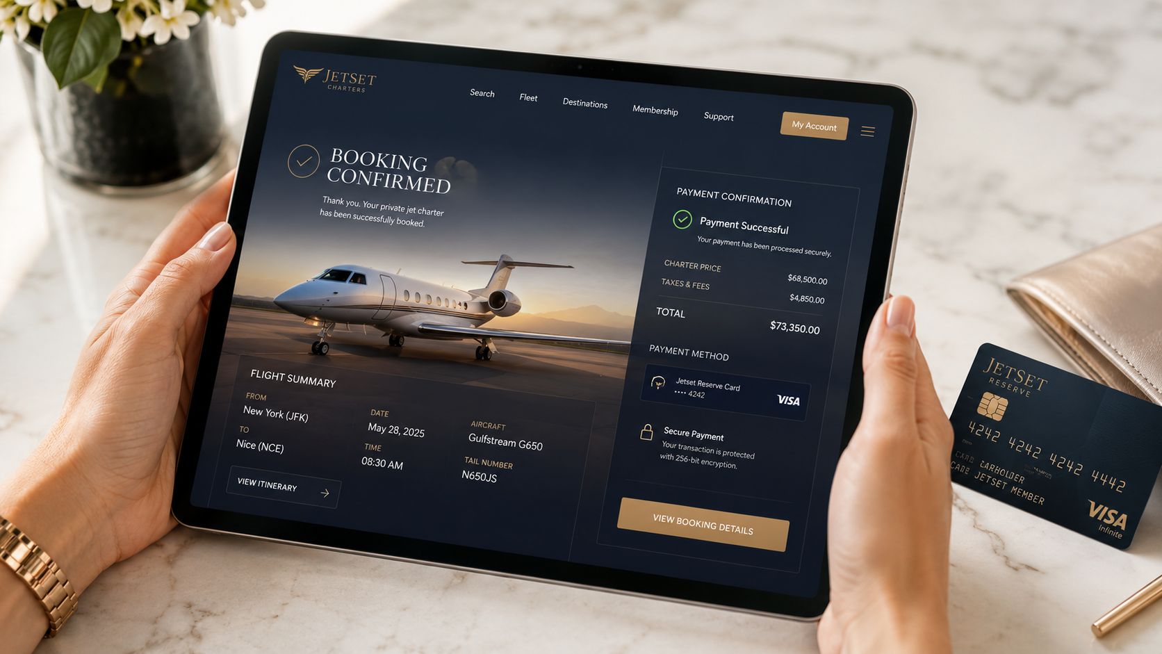 A person holding a tablet displaying a successful private jet charter booking confirmation and payment summary.