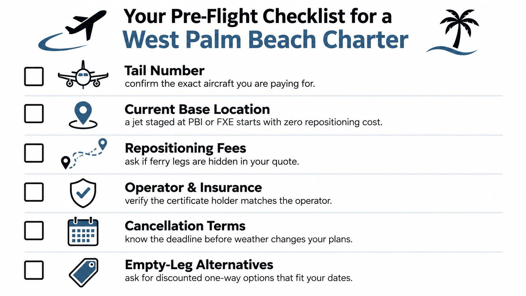 A pre-flight checklist for chartering a private jet in West Palm Beach with six essential tips.