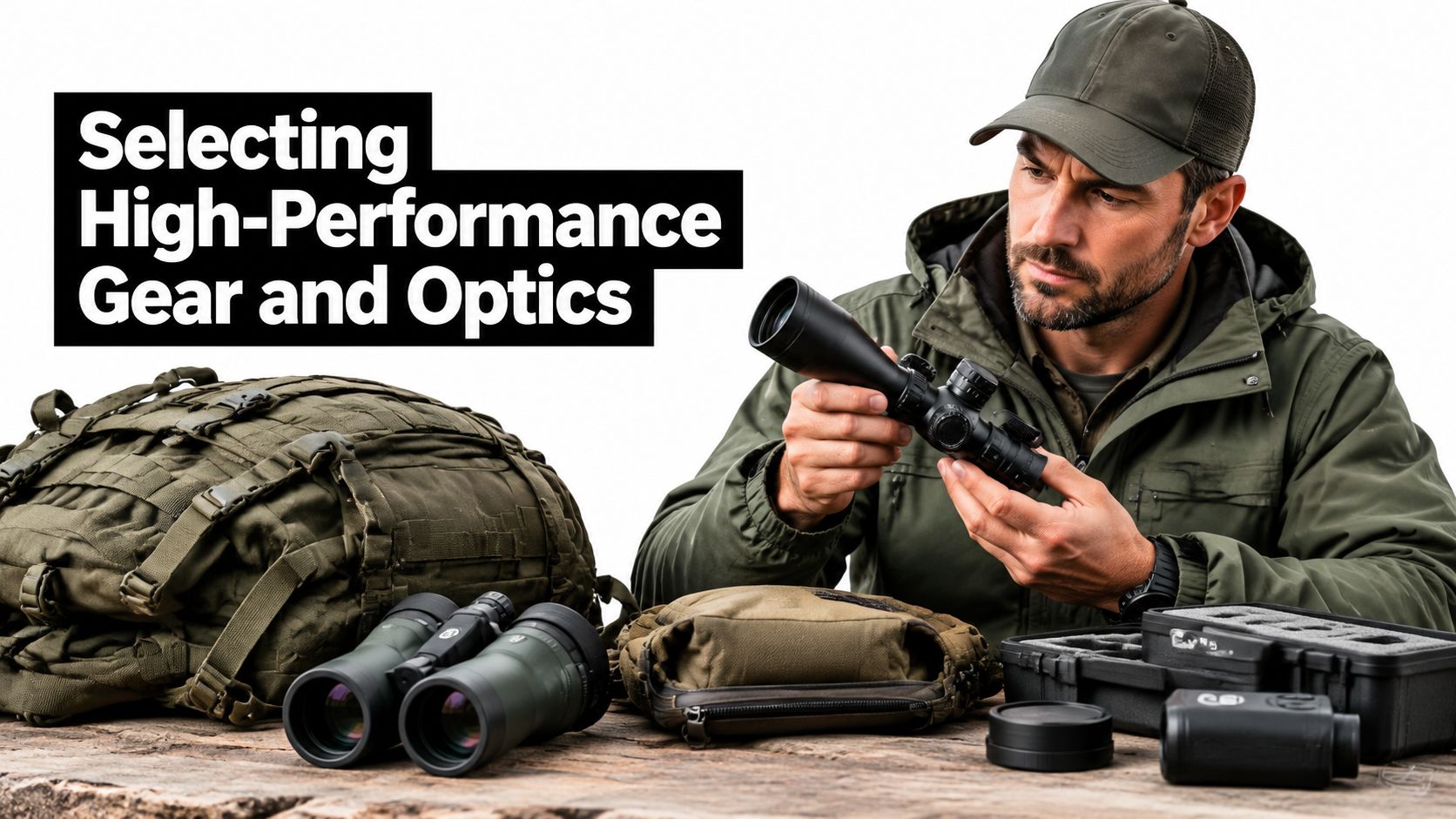 A man in a green jacket examines a rifle scope on a table with outdoor gear.
