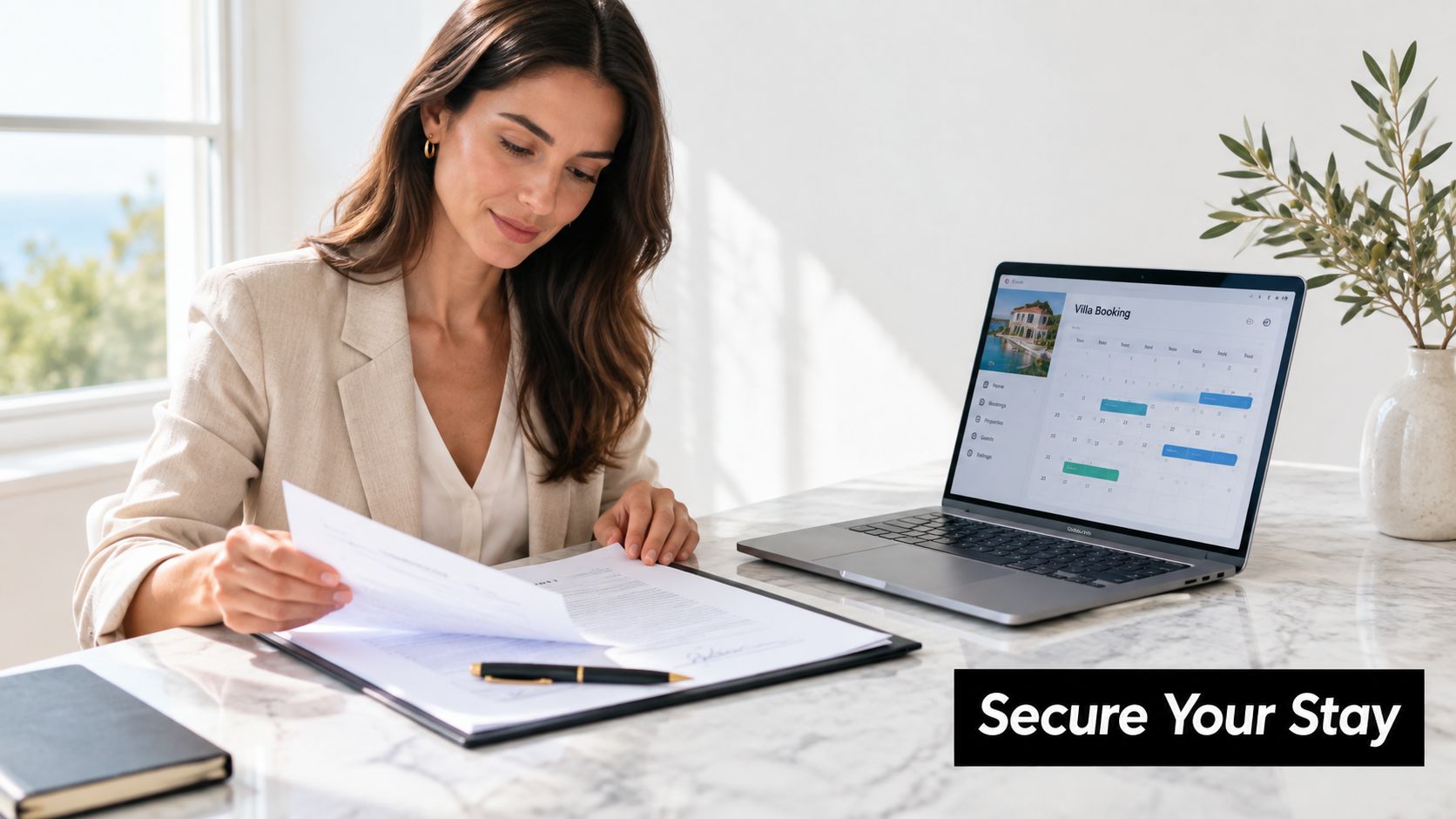 A professional woman in a blazer reviewing documents next to a laptop displaying villa booking software.